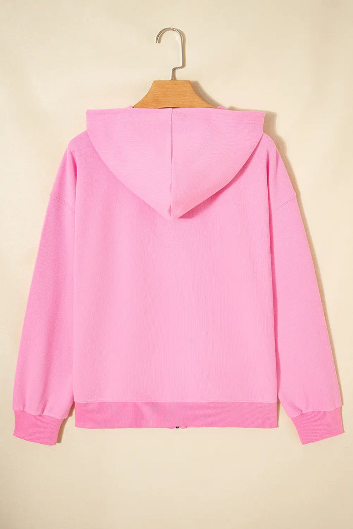 Solid Color Ribbed Zip Up Drawstring Hooded Jacket – Sachet Pink