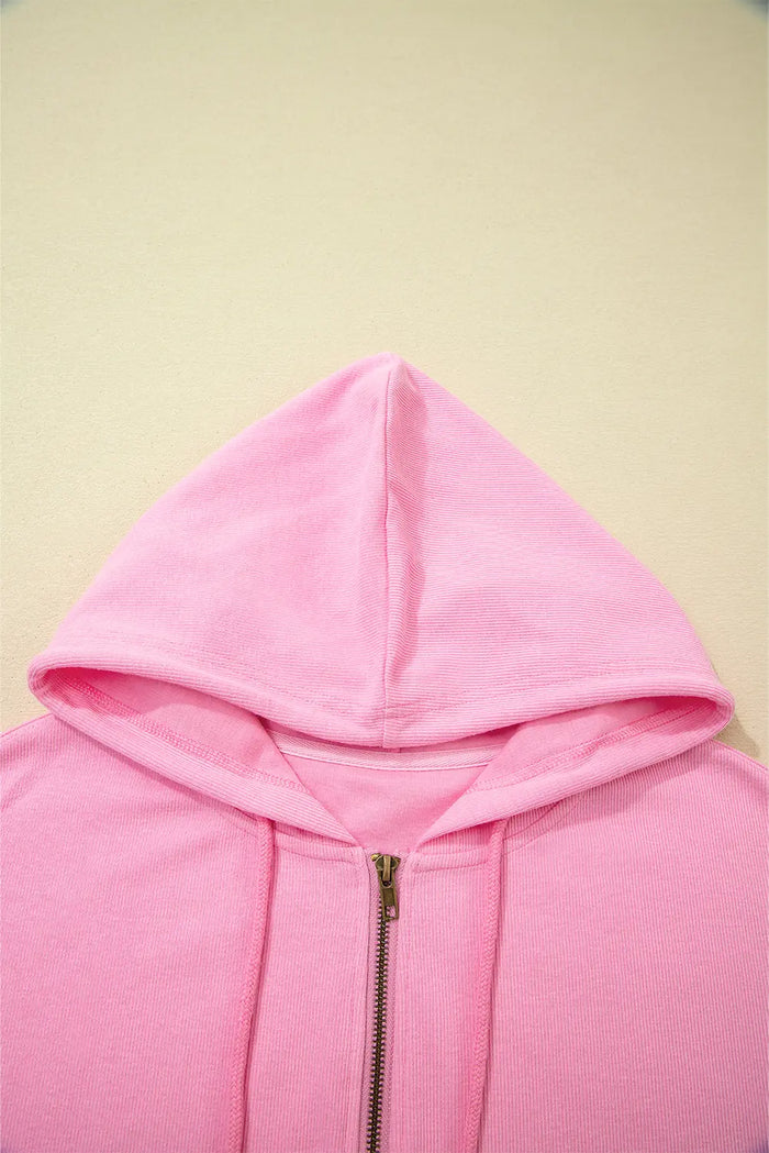 Solid Color Ribbed Zip Up Drawstring Hooded Jacket – Sachet Pink