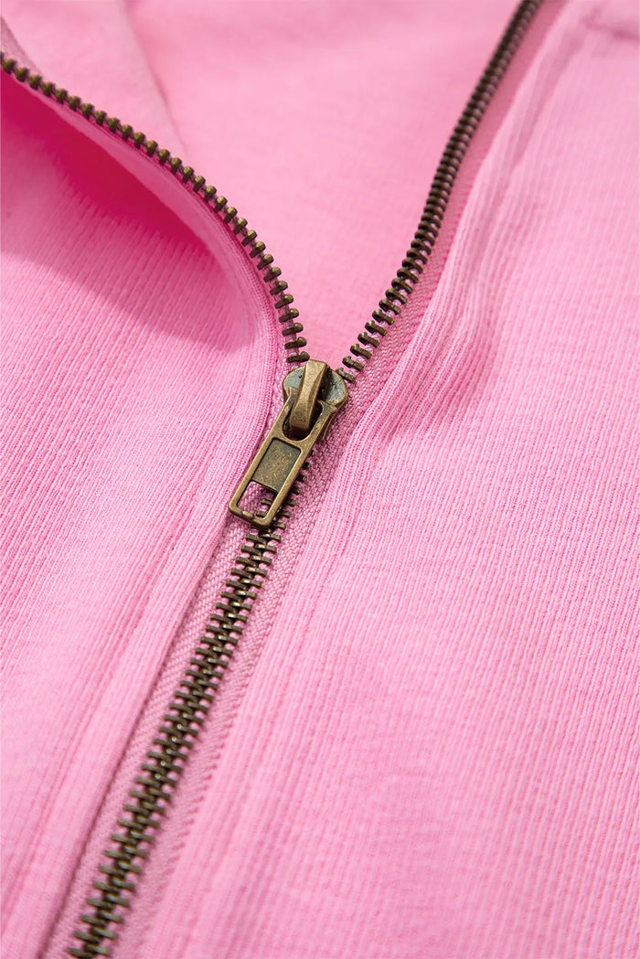 Solid Color Ribbed Zip Up Drawstring Hooded Jacket – Sachet Pink