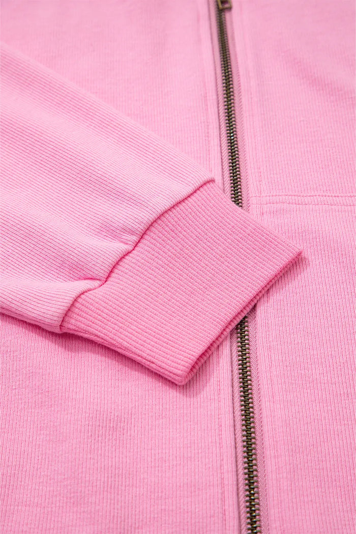 Solid Color Ribbed Zip Up Drawstring Hooded Jacket – Sachet Pink