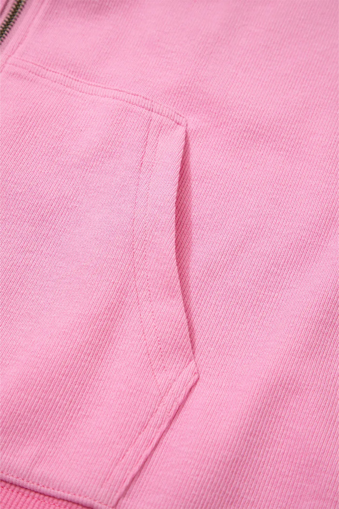 Solid Color Ribbed Zip Up Drawstring Hooded Jacket – Sachet Pink