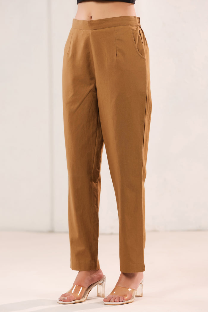 Solid Mustard Brown High Waist Straight Fit Cotton Pants