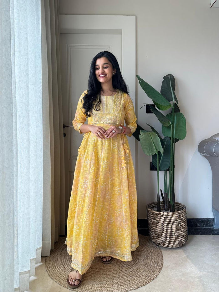 Soniya Kota Doria Dress- Yellow