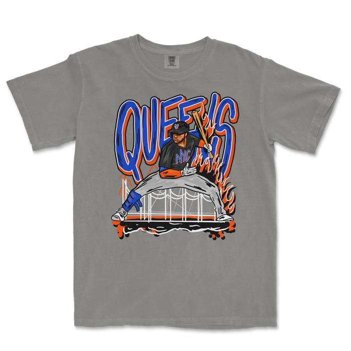 Gray T-shirt featuring a graphic of a baseball player with "QUEENS" in bold blue letters, holding a flaming bat, with NYC references.