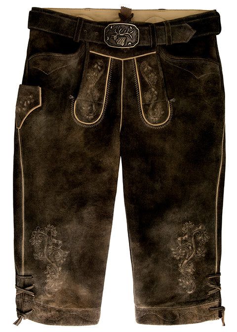 Spieth & Wensky Men's Kniebund Lederhosen "Balthasar" in vulkan sand, featuring traditional embroidery, horn buttons, and leg lacing, crafted from 100% goatskin.