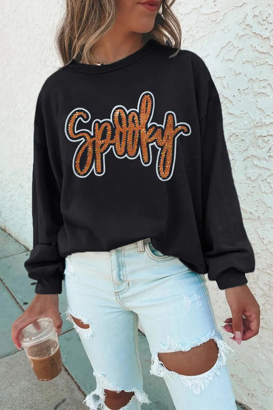 Spooky Rhinestone Drop Shoulder Graphic Sweatshirt – Black