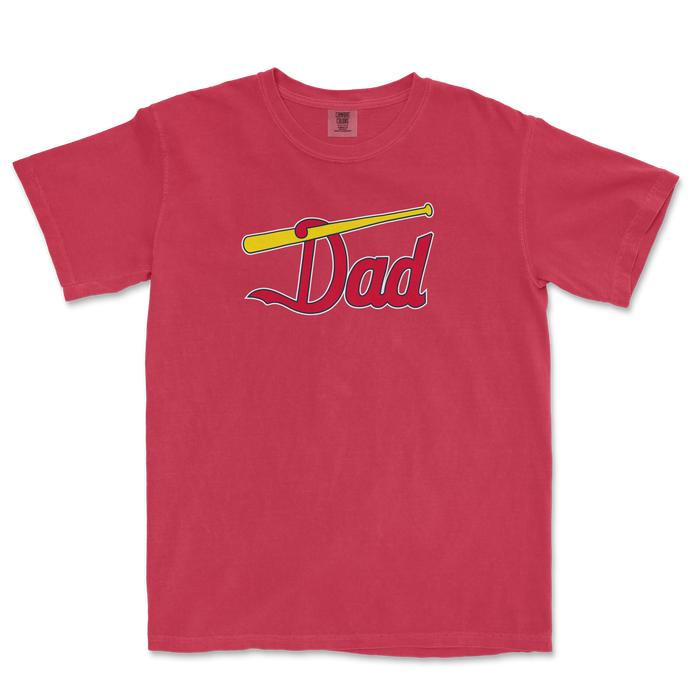 Red t-shirt featuring the word "Dad" with a baseball bat graphic, perfect for St. Louis baseball fans.