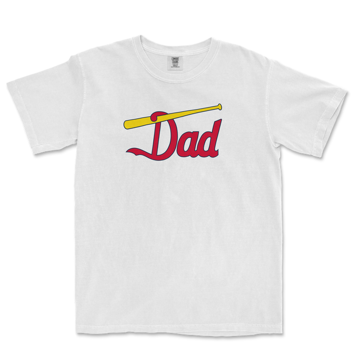 White t-shirt featuring "Dad" in red script with a yellow baseball bat, perfect for St. Louis baseball fans.