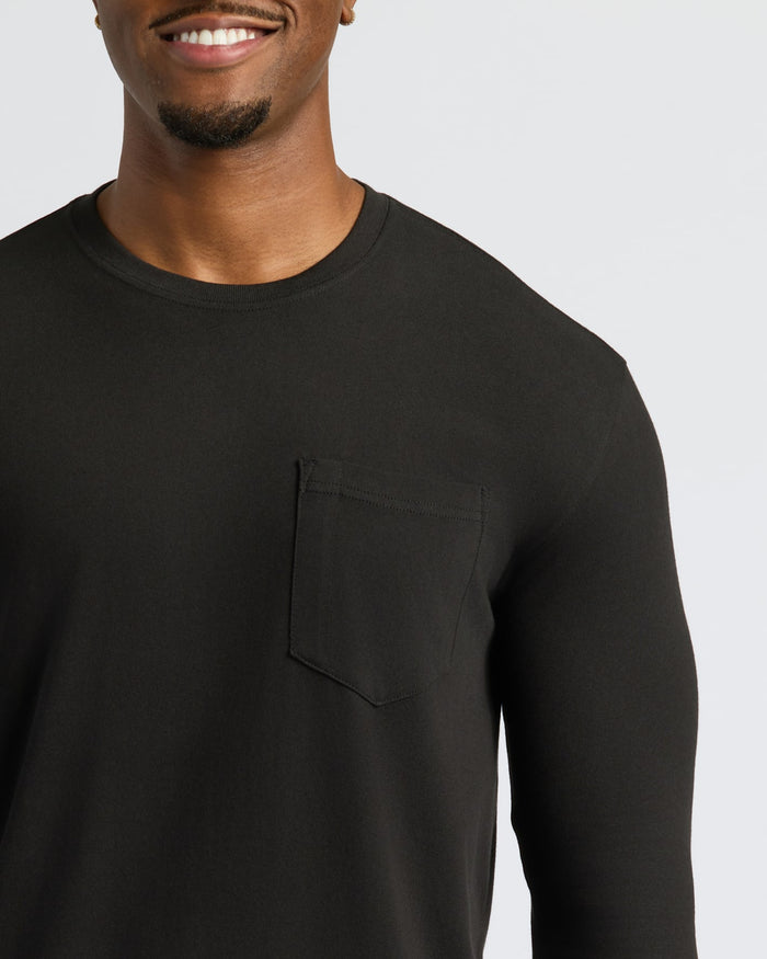 Black & Navy Tall Heavyweight Long Sleeve Pocket Crew, showcasing added length.