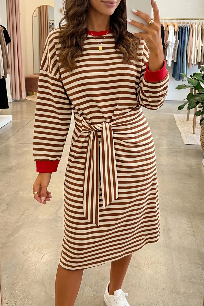 Striped Colorblock Cuffs Round Neck Long Sleeve Shift Dress – Brown Stripe