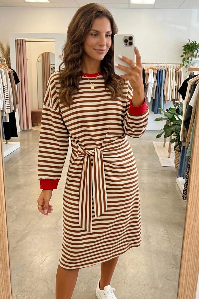 Striped Colorblock Cuffs Round Neck Long Sleeve Shift Dress – Brown Stripe