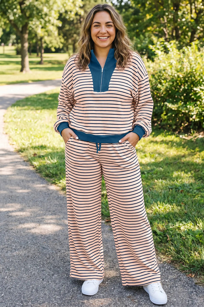 Striped Colorblock V Neck Long Sleeve Plus Size Set – Pink Stripe