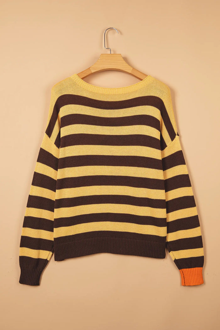 Striped Drop Shoulder Colorblock Pullover Sweater – Brown Stripe