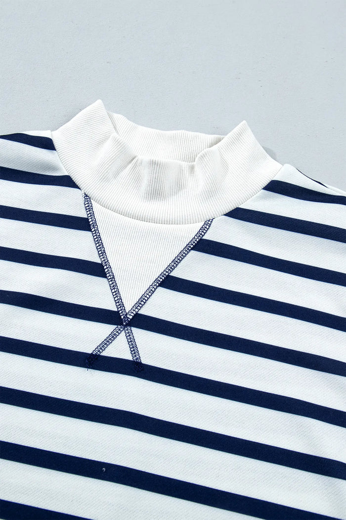 Striped Stand Neck Long Sleeve Ribbed Cuff Hem Sweatshirt – Blue Stripe