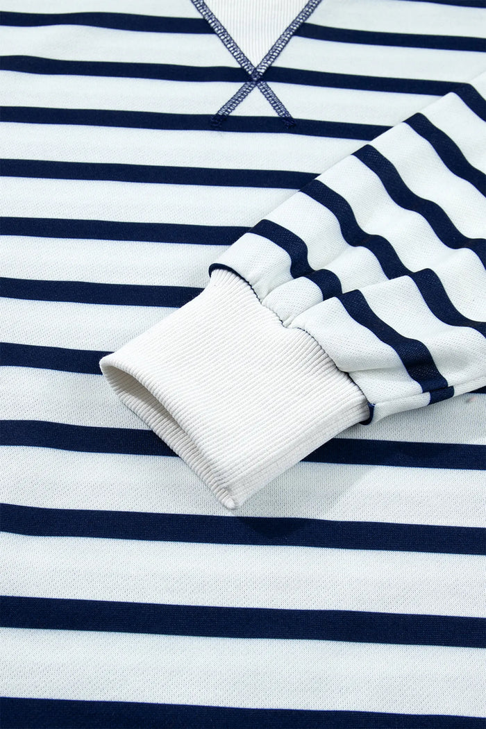 Striped Stand Neck Long Sleeve Ribbed Cuff Hem Sweatshirt – Blue Stripe