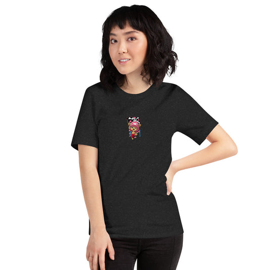 T-shirt noir chiné anime chibi pirate femme face - petit imprimé chibi à la poitrine