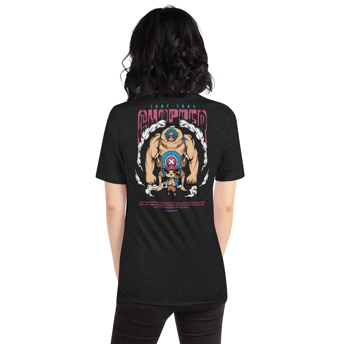 T-shirt noir chiné anime chibi pirate femme dos - grand imprimé du personnage au dos