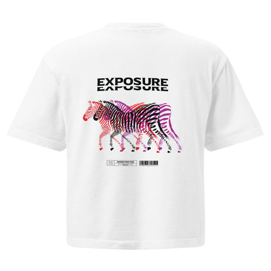 T-shirt boxy Exposure Blanc dos - grand imprimé zèbres dégradé rose et noir