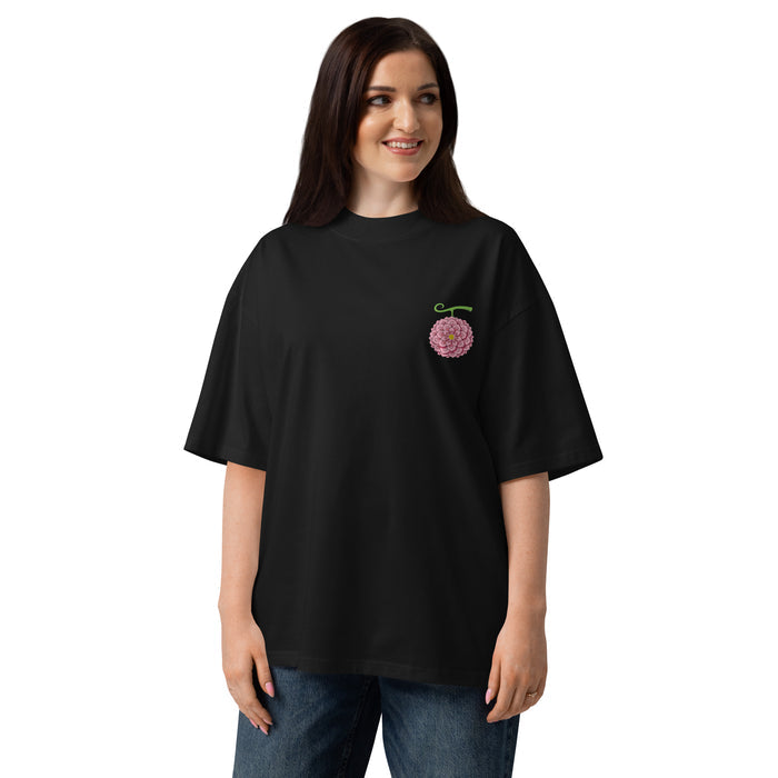 T-shirt oversize col montant Gigante Fleur Noir face - fleur brodée rose à la poitrine