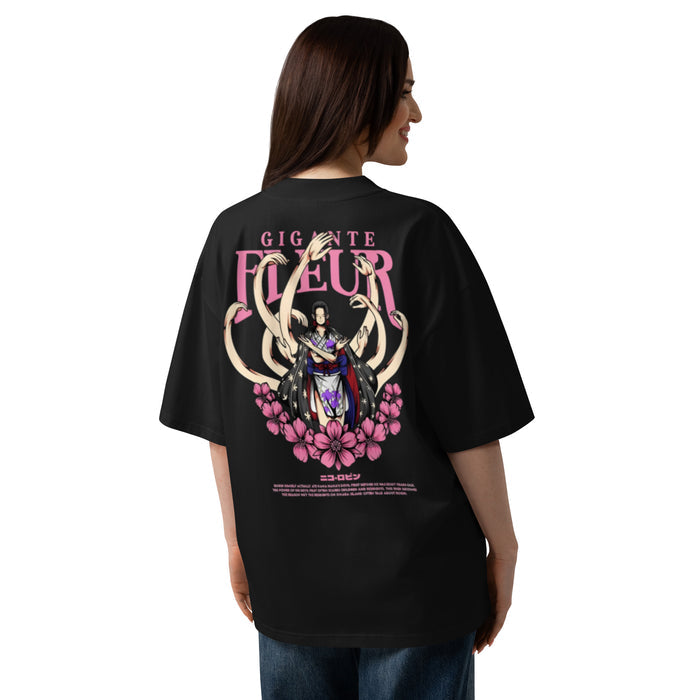 T-shirt oversize col montant Gigante Fleur Noir dos - grand imprimé japonais fleurs de cerisier au dos