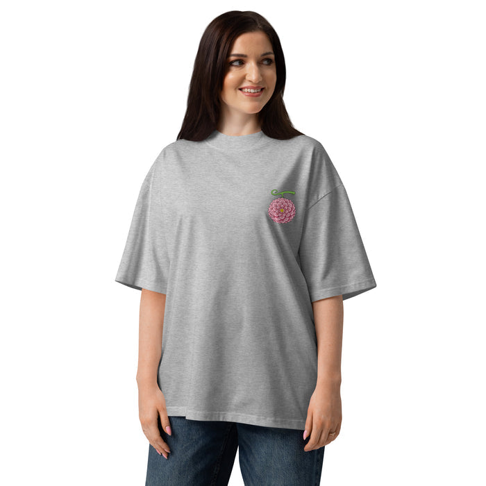 T-shirt oversize col montant Gigante Fleur Gris Chiné face - fleur brodée rose à la poitrine