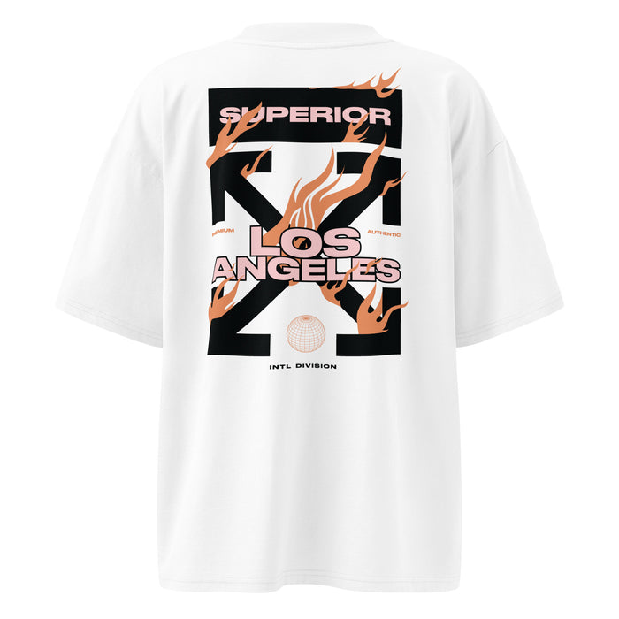 T-shirt oversize col montant Los Angeles Superior Blanc dos - grand imprimé Superior X Los Angeles avec flammes au dos