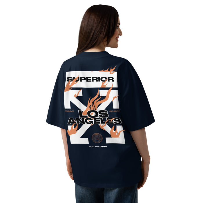 T-shirt oversize Los Angeles Superior Bleu Marine dos - grand imprimé graphique Superior X Los Angeles avec flammes