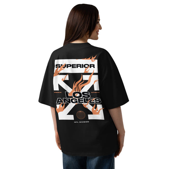 T-shirt oversize Los Angeles Superior Noir dos - grand imprimé graphique Superior X Los Angeles avec flammes