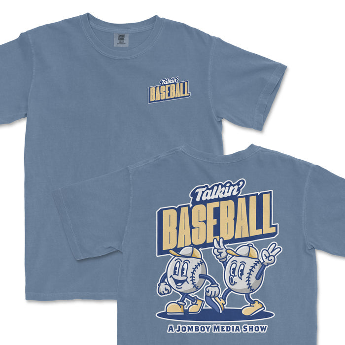Blue T-shirt featuring "Talkin' Baseball & Friends" logo on the front and a cartoon baseball characters with peace signs and "A Jomboy Media Show" text on the back.