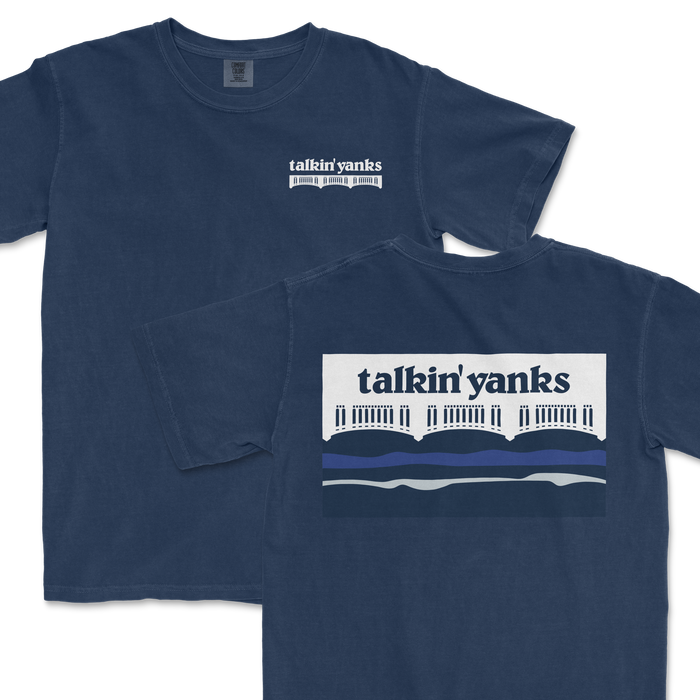 Blue T-shirt featuring "Talkin' Yanks" text and a graphic of a bridge and water, designed for outdoor or casual wear.