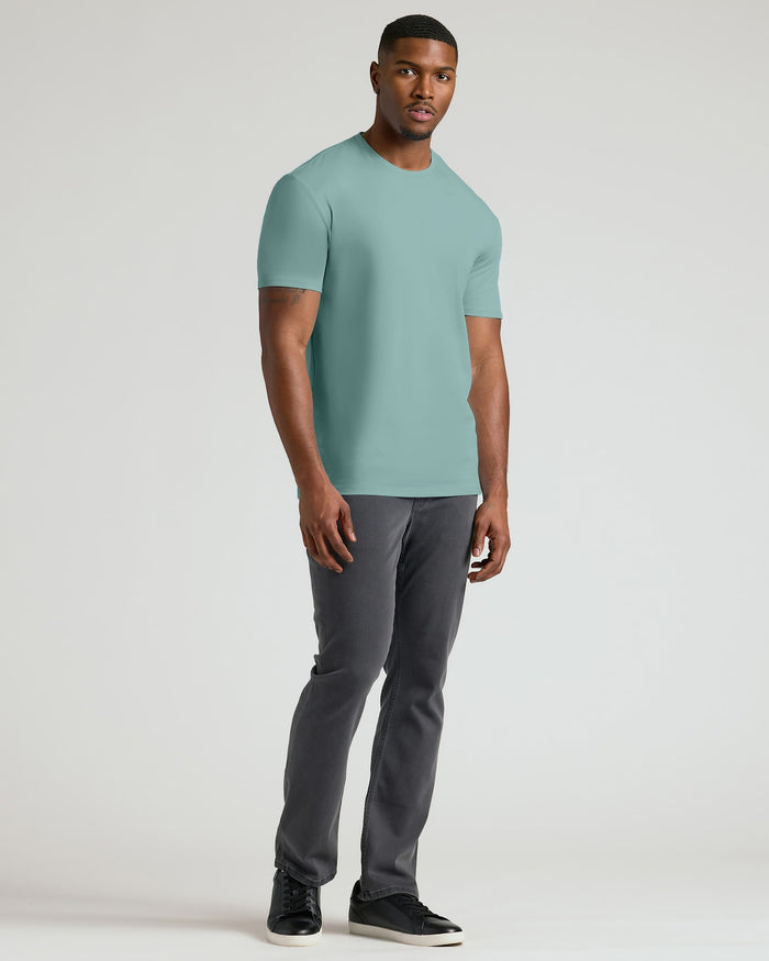 A man modeling a short-sleeve crewneck t-shirt in a muted sage green color, paired with dark gray pants and black sneakers, against a plain light gray studio background.