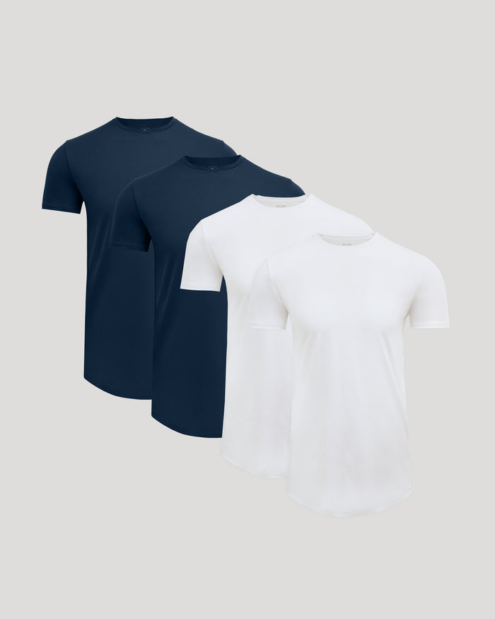 Two navy and two white crew neck t-shirts displayed side by side featuring a curved hem design in the Tall Pima Cotton Blend Curved Hem Crew 4-Pack, a men's basics set.