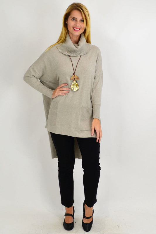 Taupe Taylor winter knit tunic with cowl neck by Cali&Co, shown on a hanger against a neutral background.