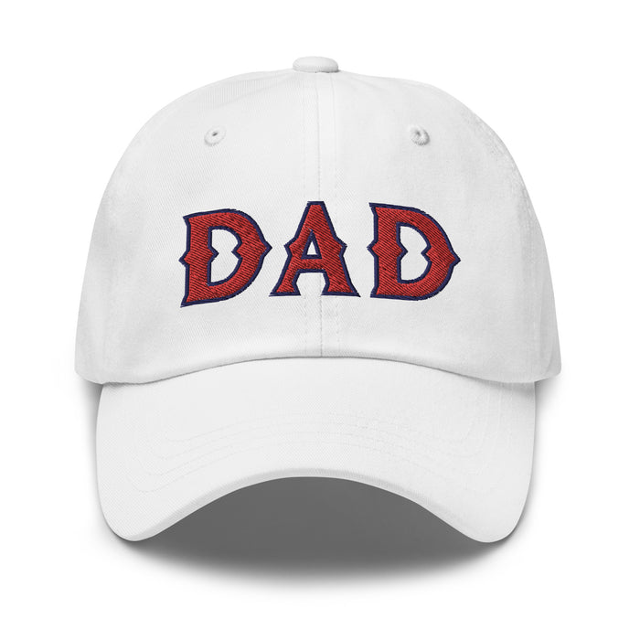 White dad hat with "DAD" embroidered in red and navy blue letters on the front, perfect for Texas baseball dads.