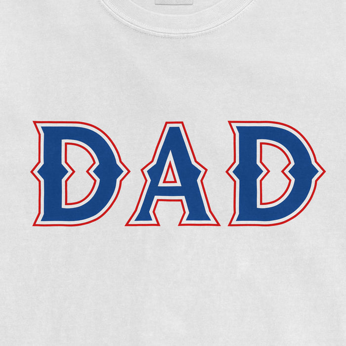 Text reads "DAD" in bold blue letters with red and white outlines, on a white background, celebrating Texas baseball dad.