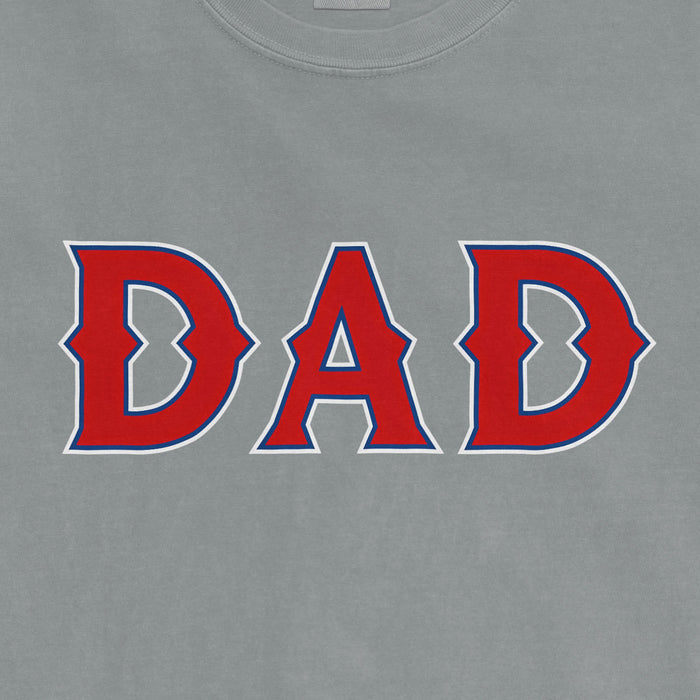 Gray T-shirt with bold red and blue "DAD" text, celebrating Texas baseball dads.
