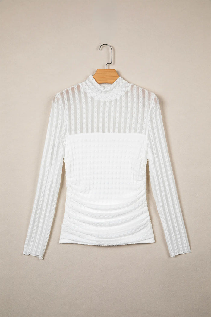 Textured Sheer Lace High Neck Long Sleeve Top – Beige