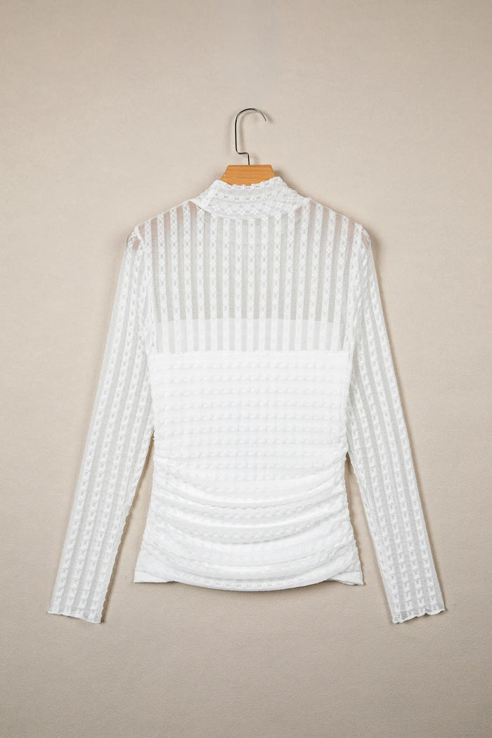 Textured Sheer Lace High Neck Long Sleeve Top – Beige