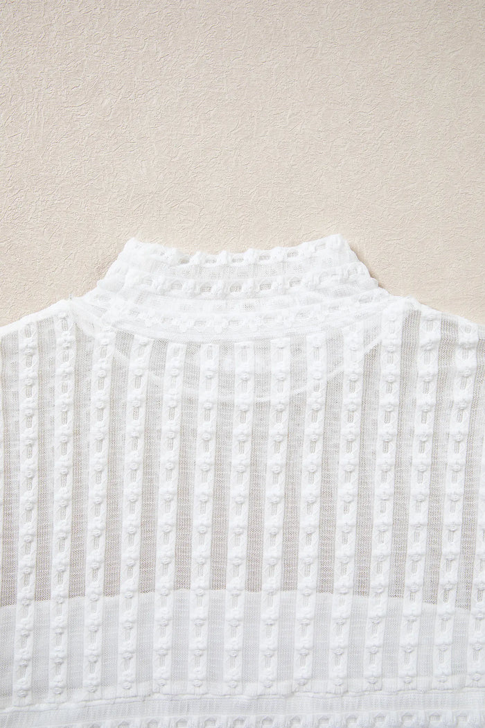 Textured Sheer Lace High Neck Long Sleeve Top – Beige