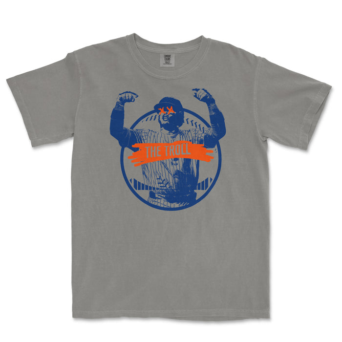 Gray T-shirt featuring a blue graphic of a muscular man with crossed-out eyes, flexing arms, and an orange banner that says "THE TROLL.