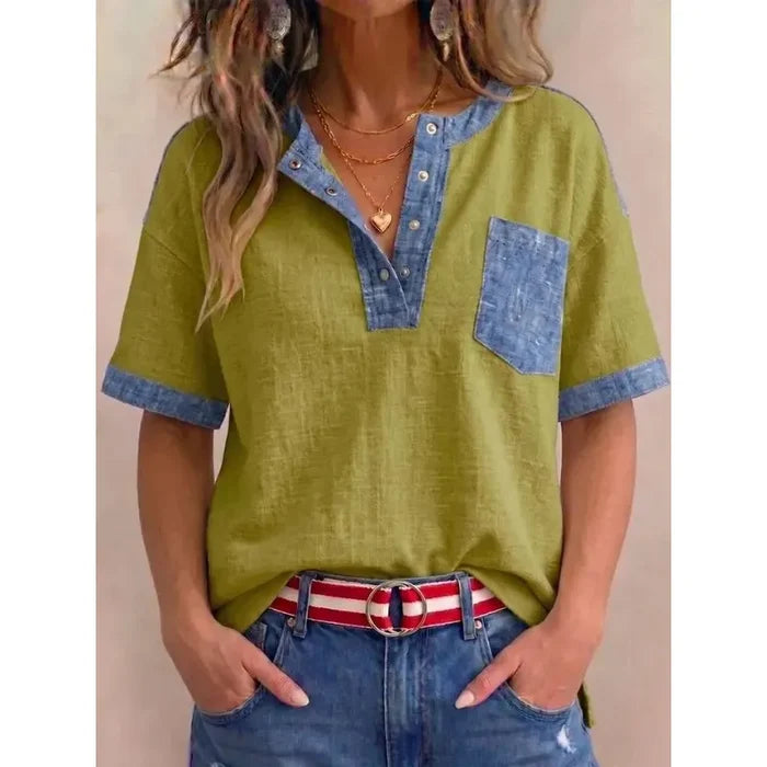 Tivellea - Top femme en coton à col V avec détails denim