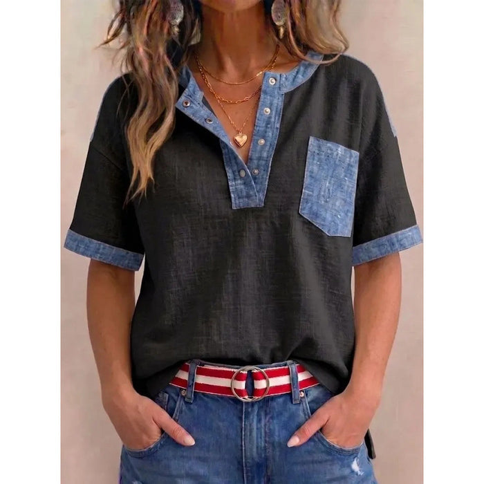 Tivellea - Top femme en coton à col V avec détails denim