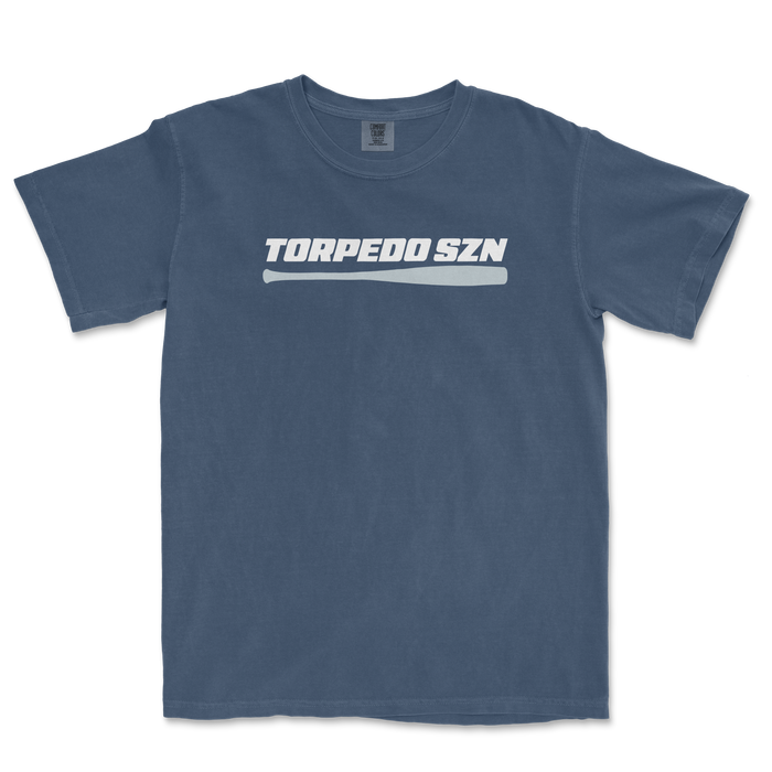 Blue T-shirt featuring the text "TORPEDO SZN" with a graphic of a torpedo underneath, centered on the front.