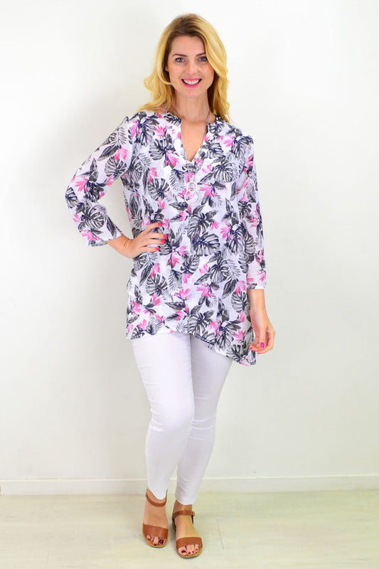 Full-length tropical Bahama Hi Low Hem Tunic by Caroline Morgan, featuring long sleeves and a flowing, relaxed fit.