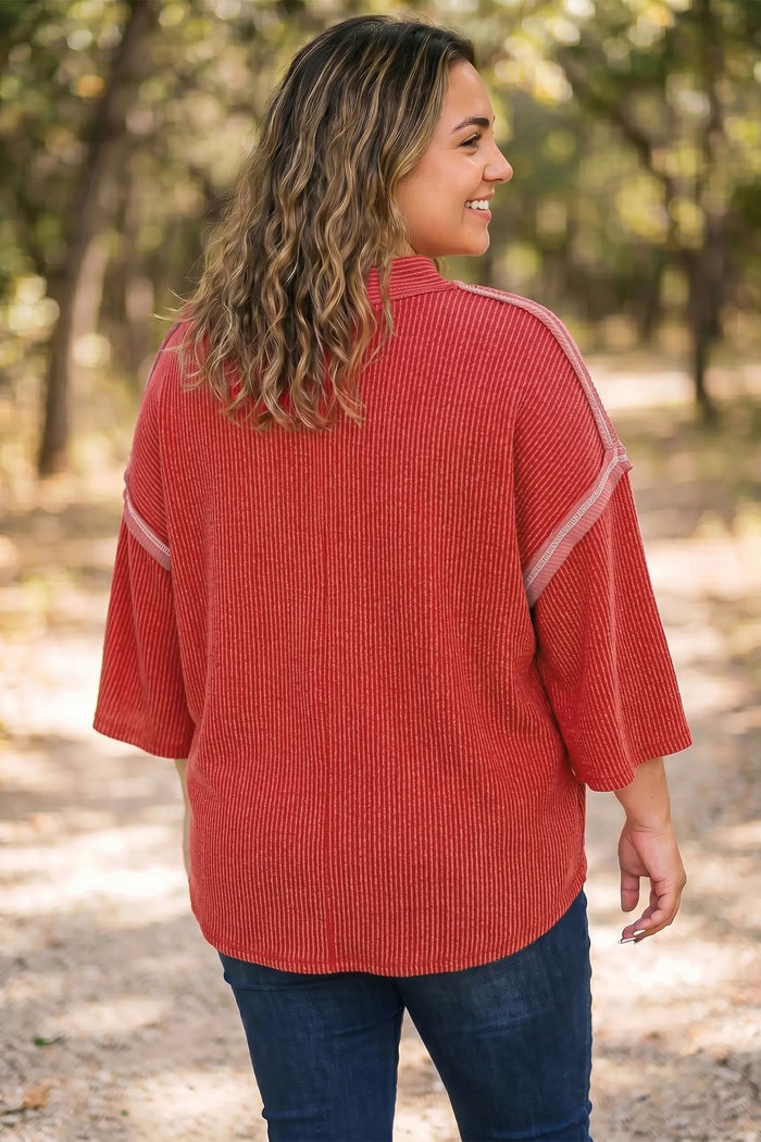 Twist Ribbed Tunic Round Neck Bracelet Sleeve Plus Size Blouse – Fiery Red