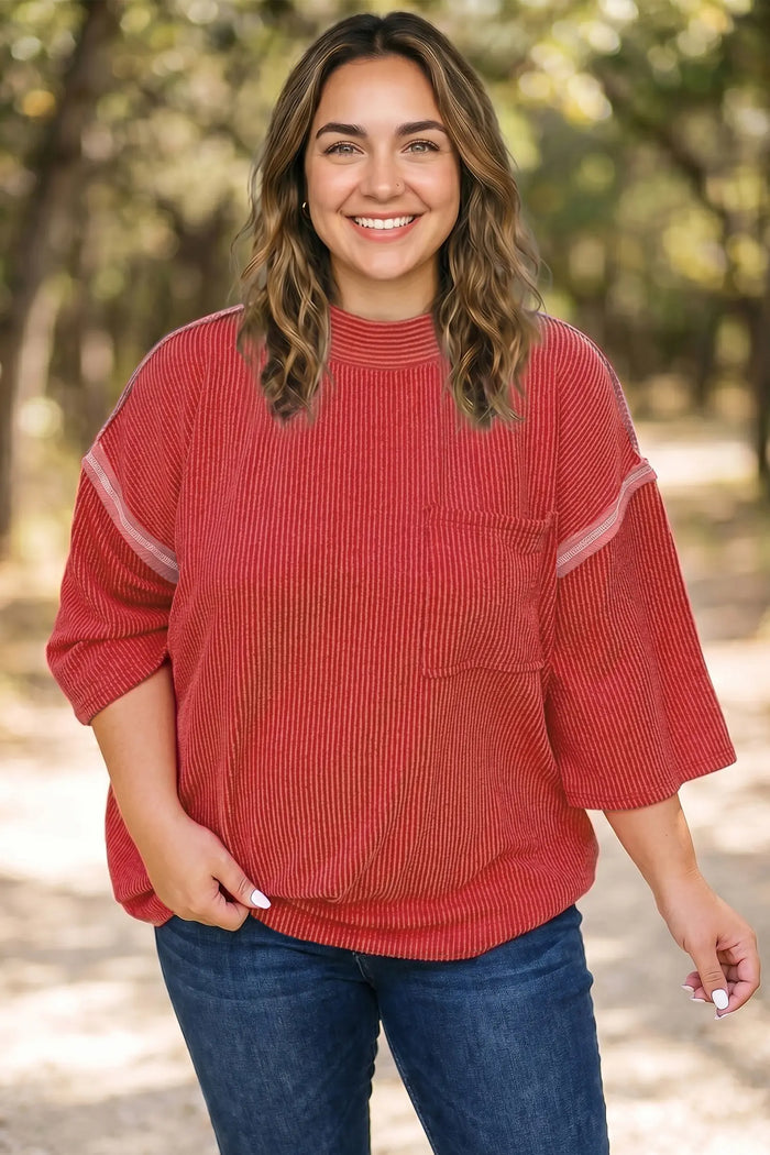 Twist Ribbed Tunic Round Neck Bracelet Sleeve Plus Size Blouse – Fiery Red