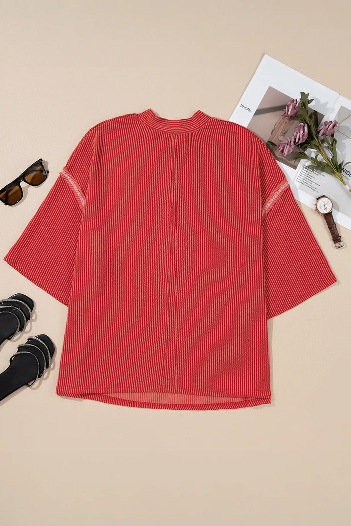 Twist Ribbed Tunic Round Neck Bracelet Sleeve Plus Size Blouse – Fiery Red