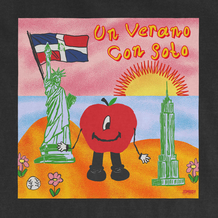 Colorful illustration of a smiling apple character with arms and legs, standing between the Statue of Liberty and the Empire State Building at sunset, with a pink sky and flowers.