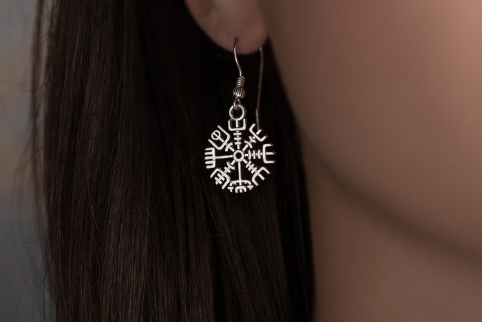 vkngjewelry Earrings Vegvisir Compass Earrings, Silver Runic Wayfinder