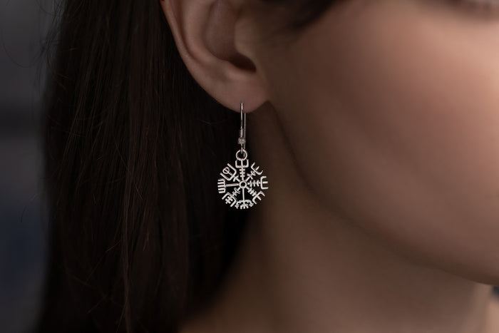 vkngjewelry Earrings Vegvisir Compass Earrings, Silver Runic Wayfinder